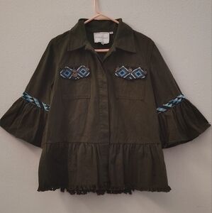 Antropologíe Jacket‎ Olive Green Embroidered Fringe Boho Size Medium MShopB